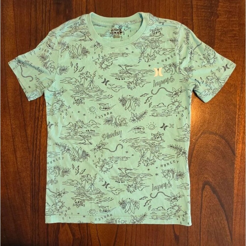 Hurley Boys T-Shirt Medium 10/12 Green Hawaiian Surf All Over Print